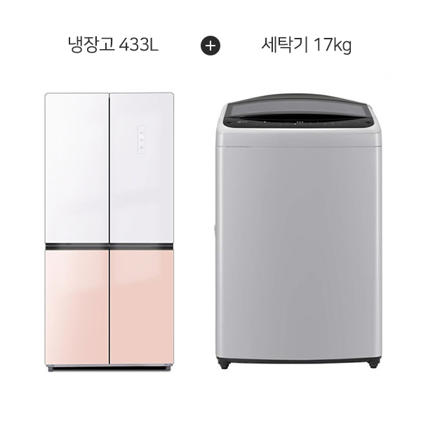 LG+하이얼 결합2종 통돌이 세탁기 17kg 미드 프리 실버+4도어 글램글라스 냉장고 433L 글램화이트 피치핑크 (T17DX3A+HRS445MNWP) 렌탈 상품 이미지
